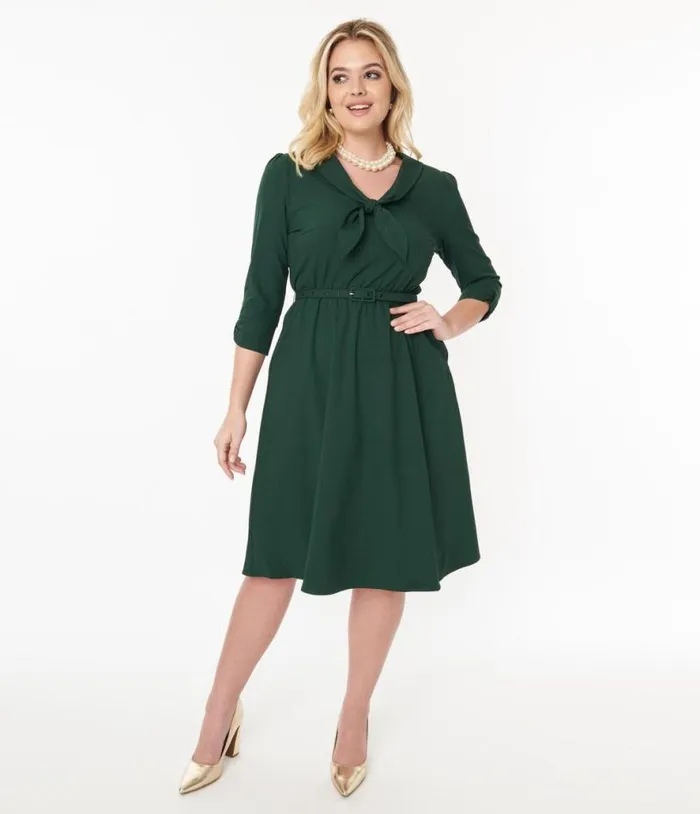 Voodoo Vixen Green Neck Tie Swing Dress DressesPlus Unique Vintage Pocket Dresses