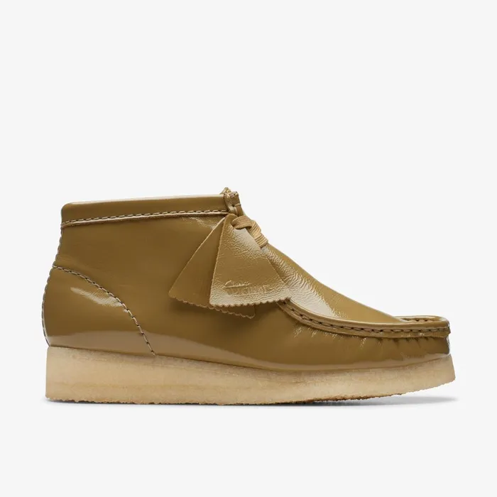 Wallabee Boot Dark Olive Patent Women Clarks Boots and Booties