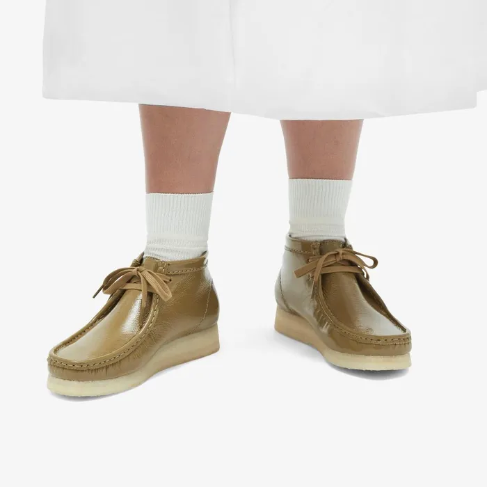 Wallabee Boot Dark Olive Patent Women Clarks Boots and Booties