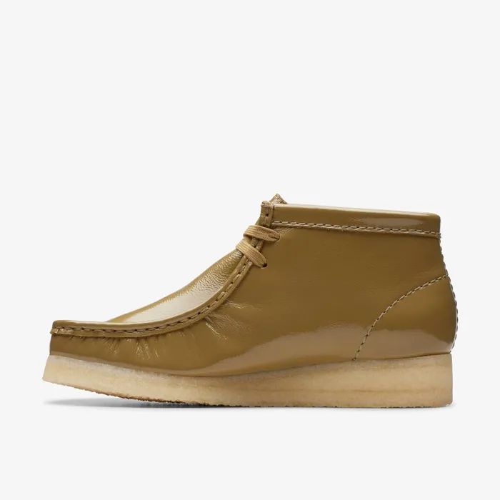 Wallabee Boot Dark Olive Patent Women Clarks Boots and Booties