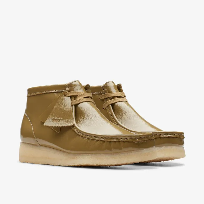Wallabee Boot Dark Olive Patent Women Clarks Boots and Booties