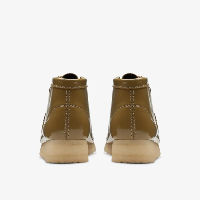Wallabee Boot Dark Olive Patent Women Clarks Boots and Booties