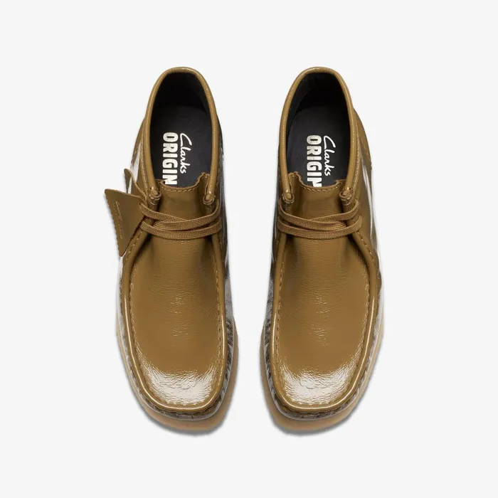 Wallabee Boot Dark Olive Patent Women Clarks Boots and Booties