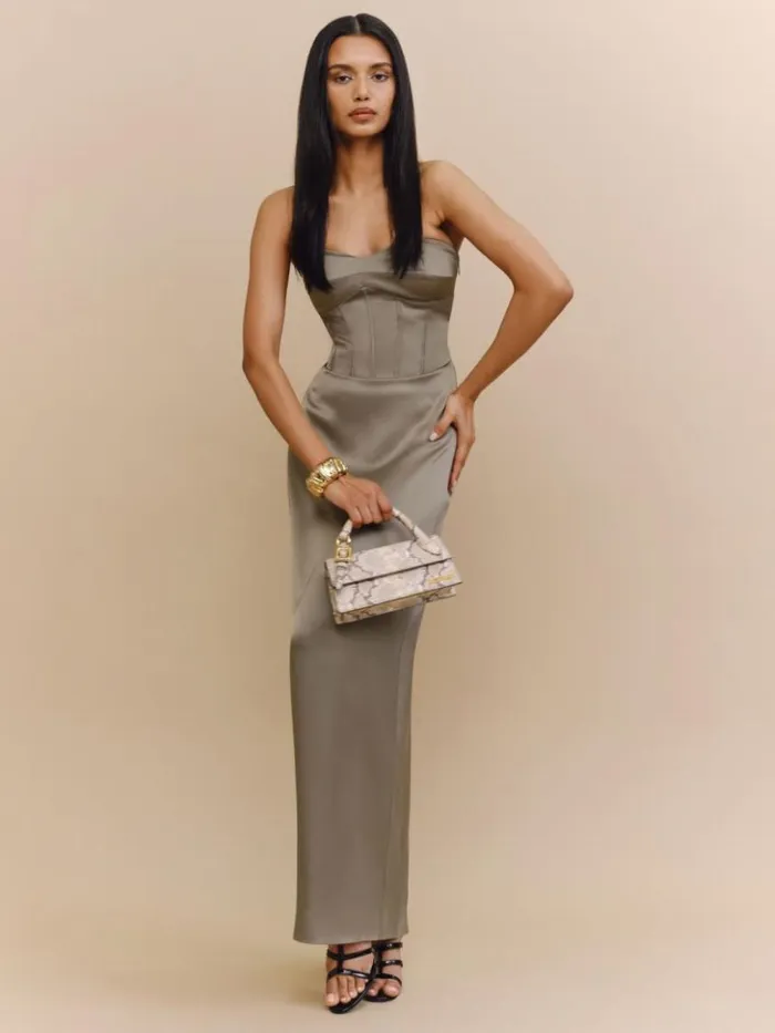 Weddings The Reformation Ariyah Satin Dress Taupe