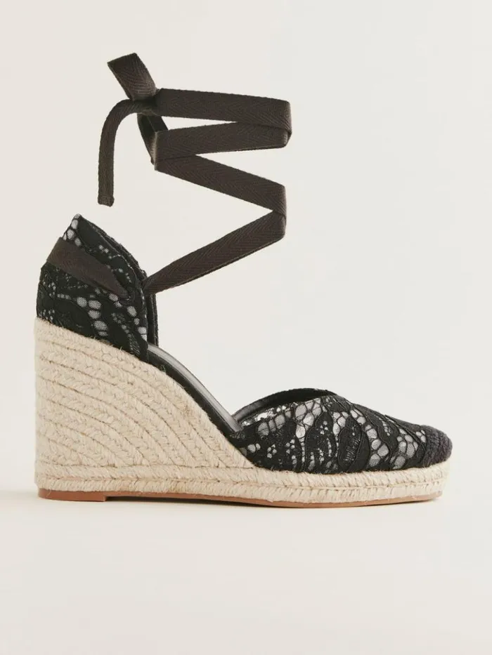 Weddings The Reformation Camilla Lace Up Wedge Espadrille Black Lace