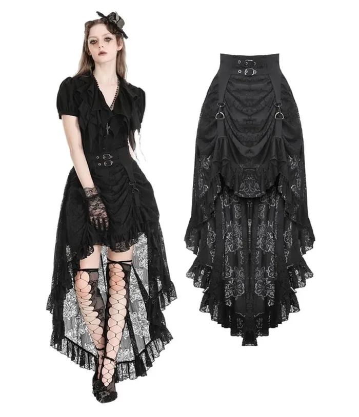 Western Fashion Gothic Princess Black Lace Hi Low Skirt Clothing Unique Vintage Skirts