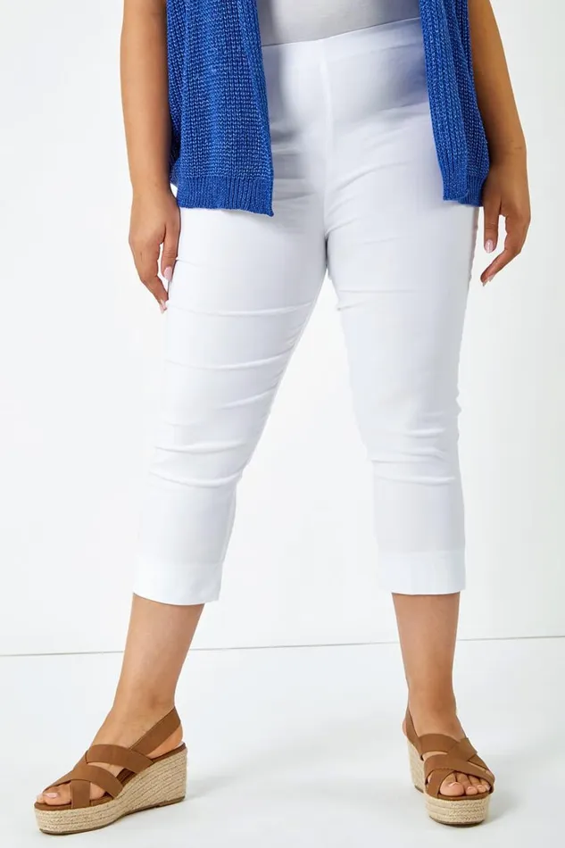 White Curve Elastic Waist Stretch Cropped Trouser Women Roman Trousers