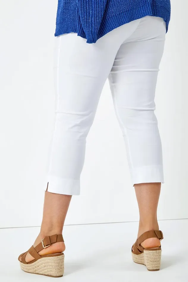 White Curve Elastic Waist Stretch Cropped Trouser Women Roman Trousers
