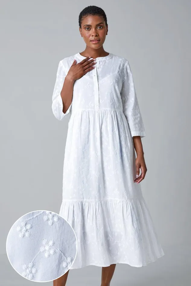 White Embroidered Tiered Cotton Midi Dress Women Roman Dresses