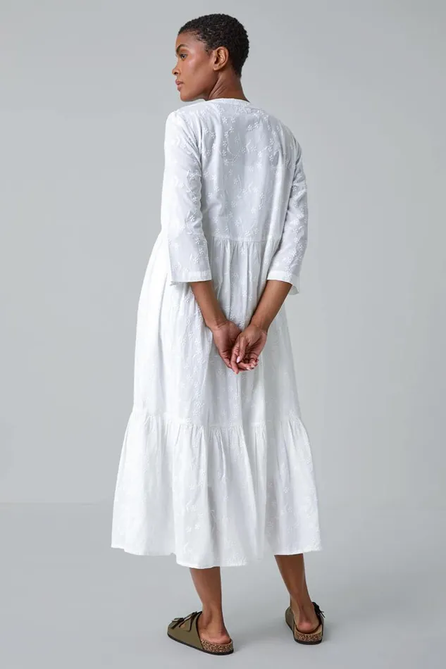 White Embroidered Tiered Cotton Midi Dress Women Roman Dresses