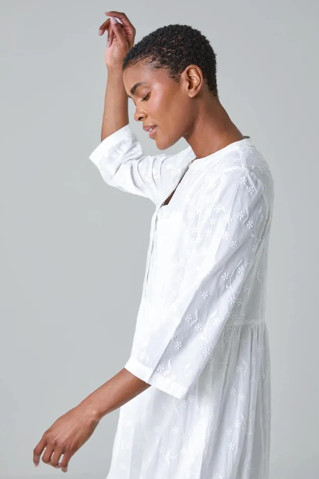 White Embroidered Tiered Cotton Midi Dress Women Roman Dresses