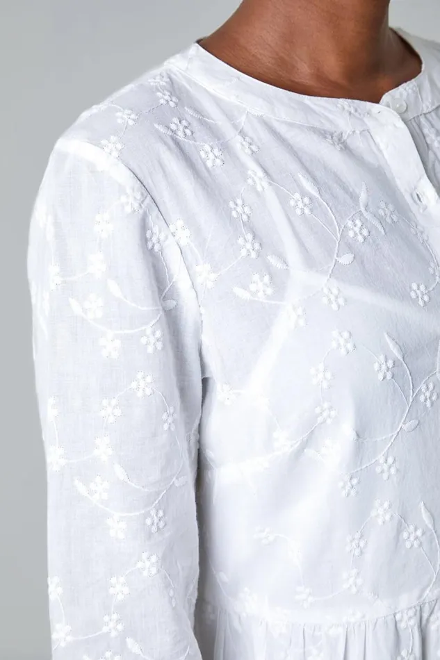 White Embroidered Tiered Cotton Midi Dress Women Roman Dresses
