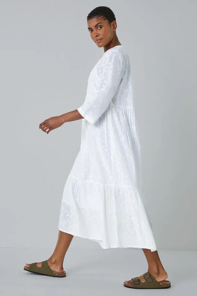 White Embroidered Tiered Cotton Midi Dress Women Roman Dresses