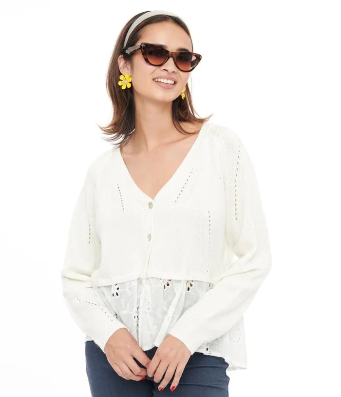 White Floral Peplum Knit Cardigan Clothing Unique Vintage Sweaters and Cardigans