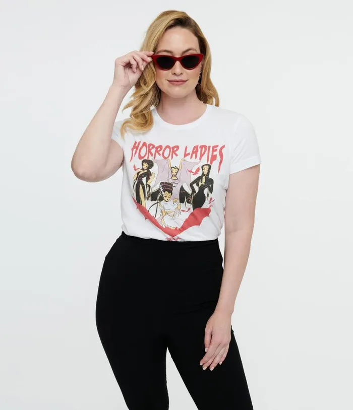White Horror Ladies Fitted Graphic Tee ClothingHalloweenPlus Unique Vintage Graphic Tees