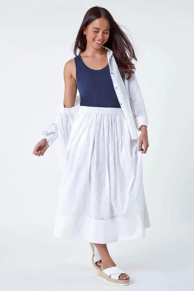 White Petite Cotton Broderie A Line Midi Skirt Women Roman Skirts