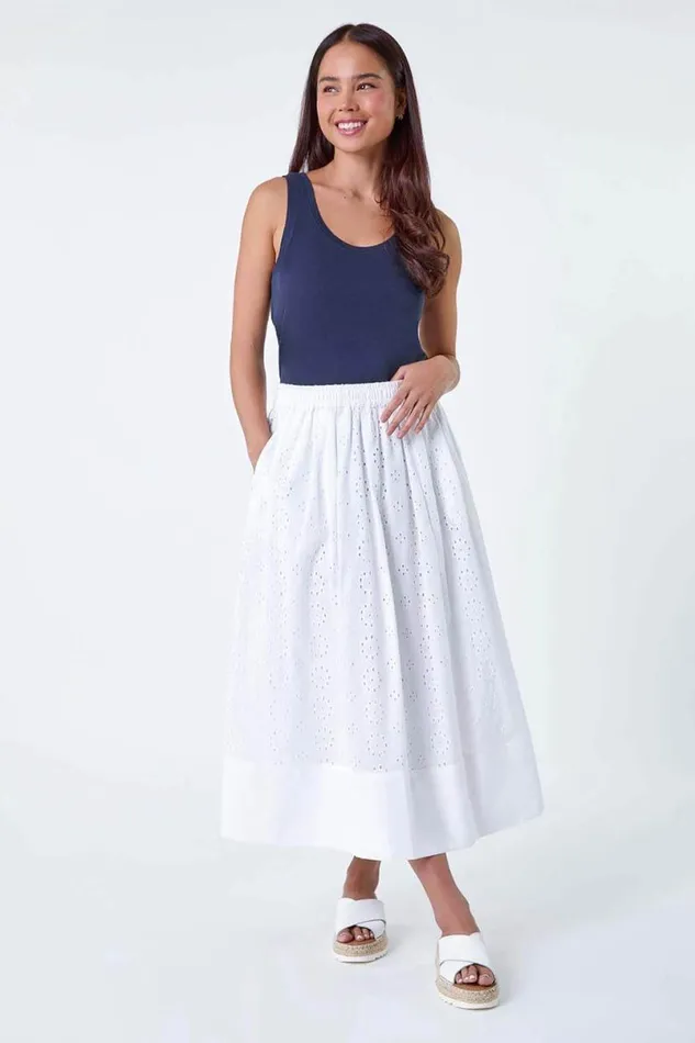 White Petite Cotton Broderie A Line Midi Skirt Women Roman Skirts