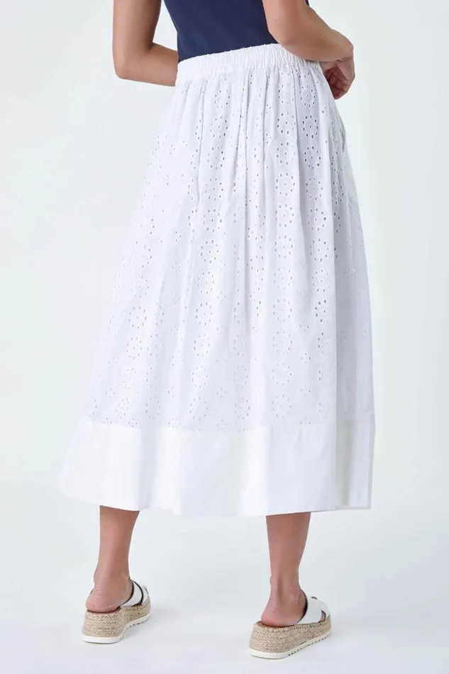 White Petite Cotton Broderie A Line Midi Skirt Women Roman Skirts