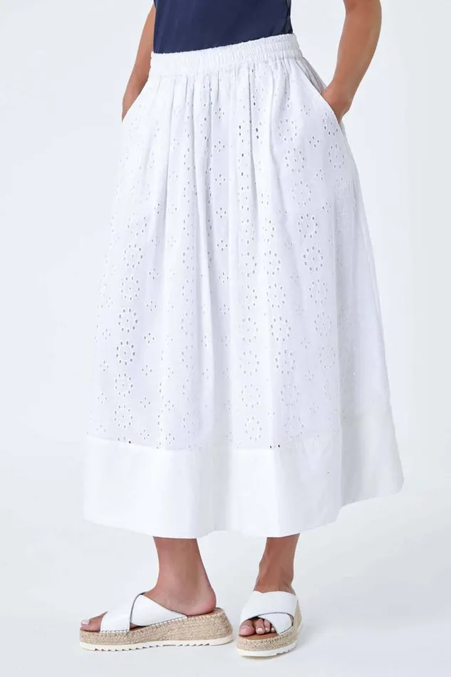 White Petite Cotton Broderie A Line Midi Skirt Women Roman Skirts