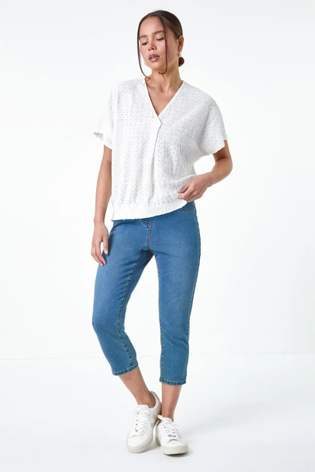White Petite Textured Shirred VNeck Stretch Top Women Roman Tops