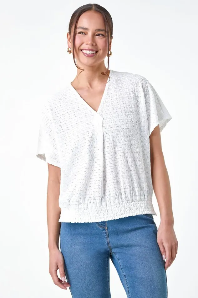 White Petite Textured Shirred VNeck Stretch Top Women Roman Tops