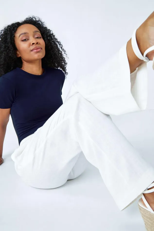 White Petite Wide Leg Linen Blend Trouser Women Roman Trousers