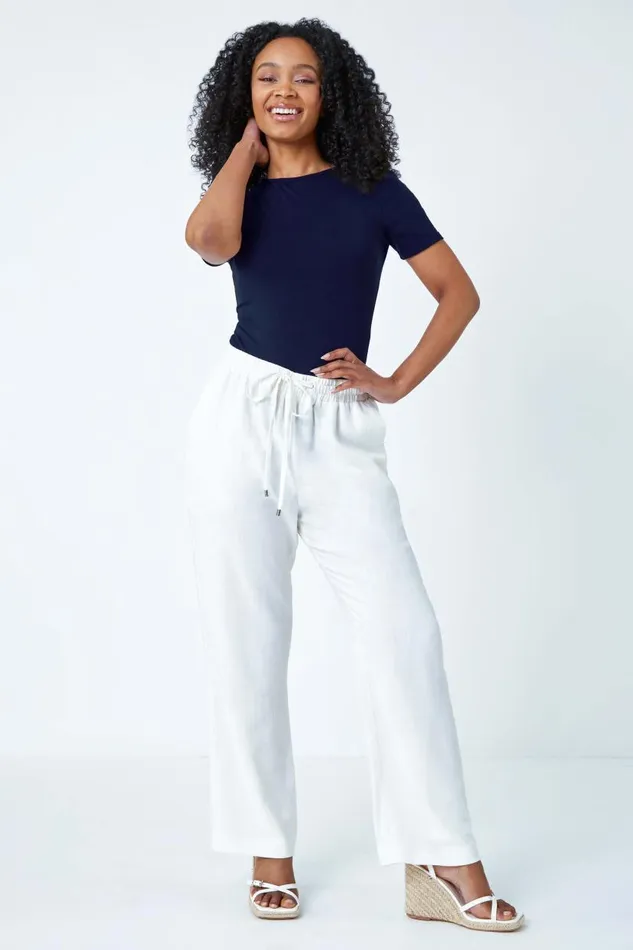 White Petite Wide Leg Linen Blend Trouser Women Roman Trousers