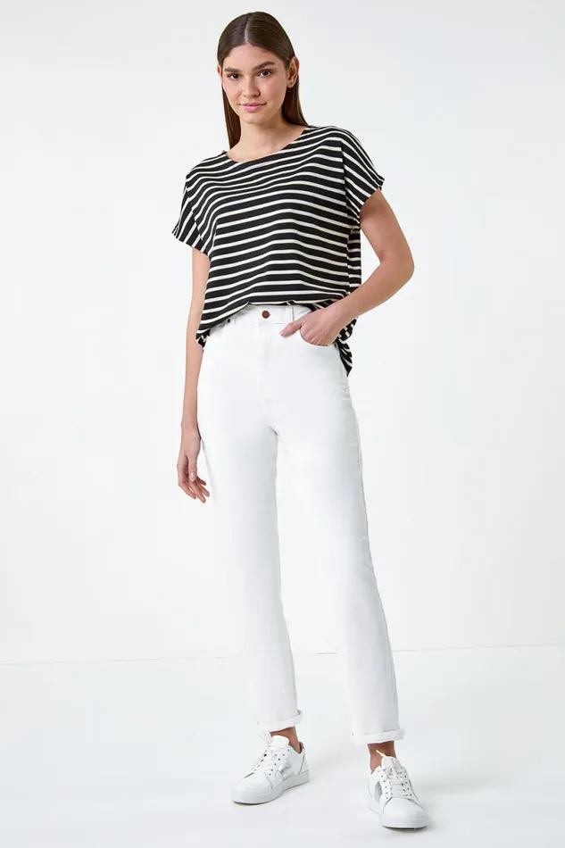 White Slim Leg Stretch Mom Jeans Women Roman Trousers