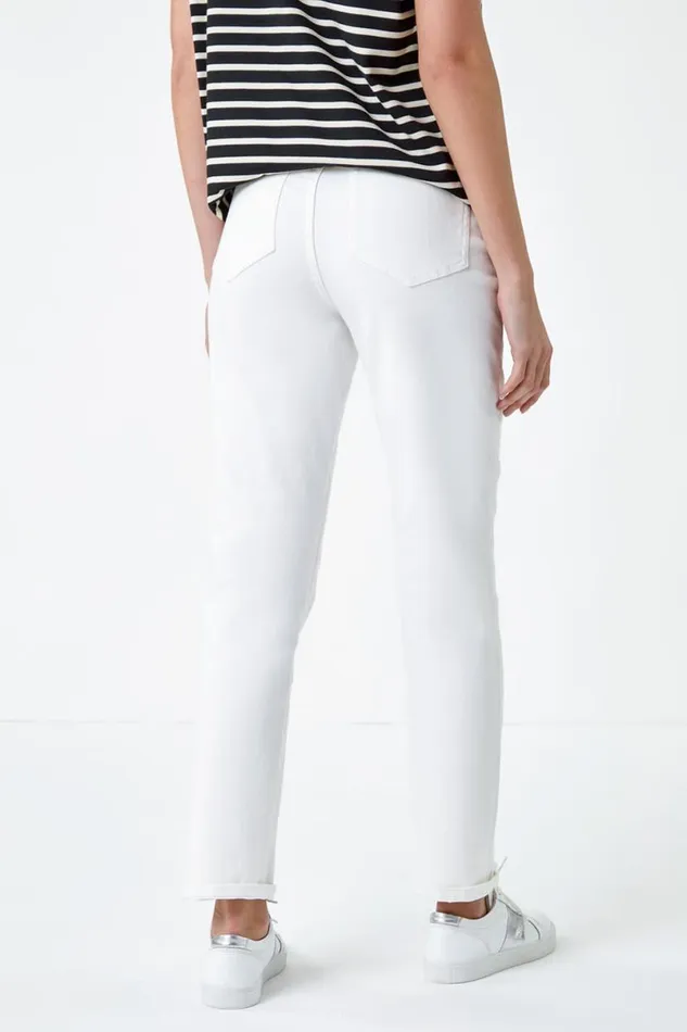 White Slim Leg Stretch Mom Jeans Women Roman Trousers