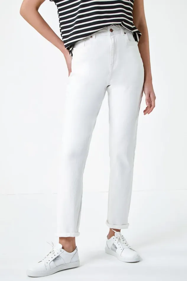 White Slim Leg Stretch Mom Jeans Women Roman Trousers