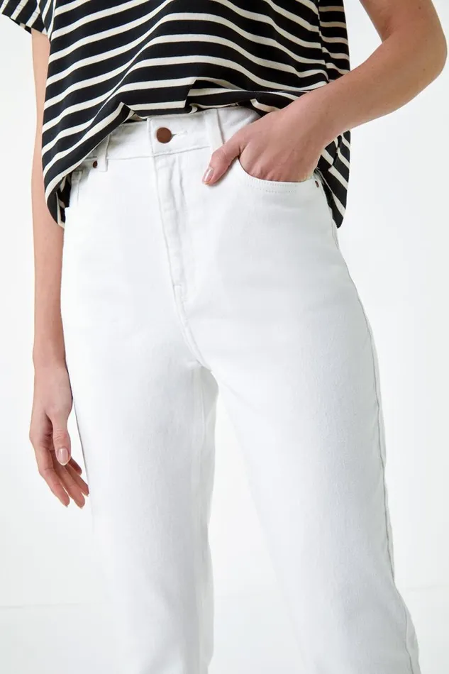 White Slim Leg Stretch Mom Jeans Women Roman Trousers