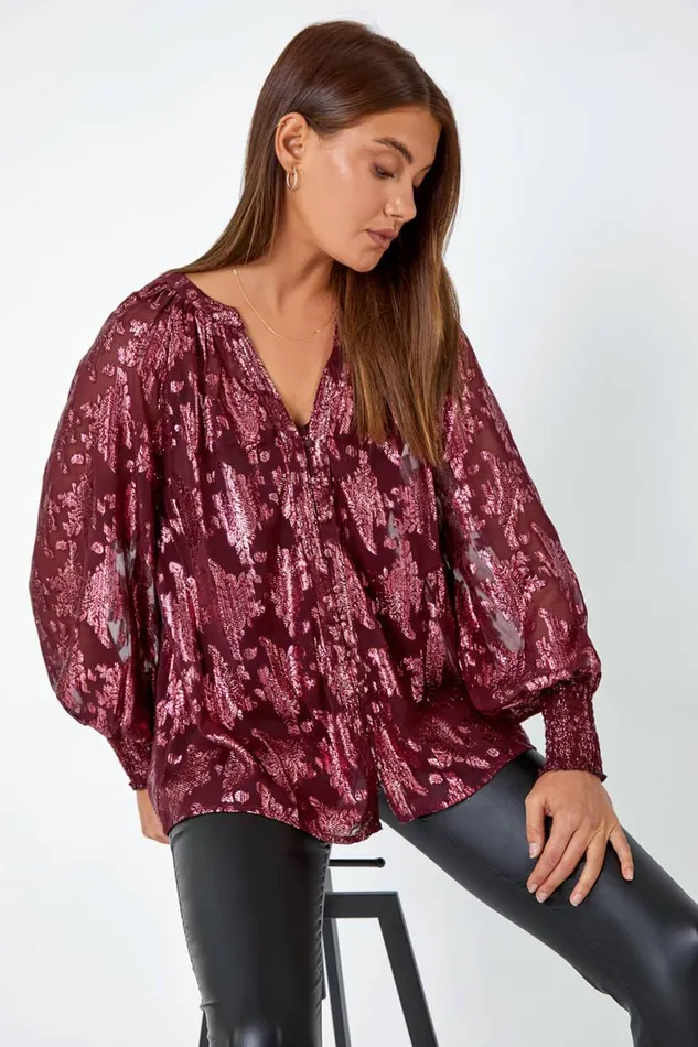 Wine Abstract Metallic Print VNeck Blouse Women Roman Tops