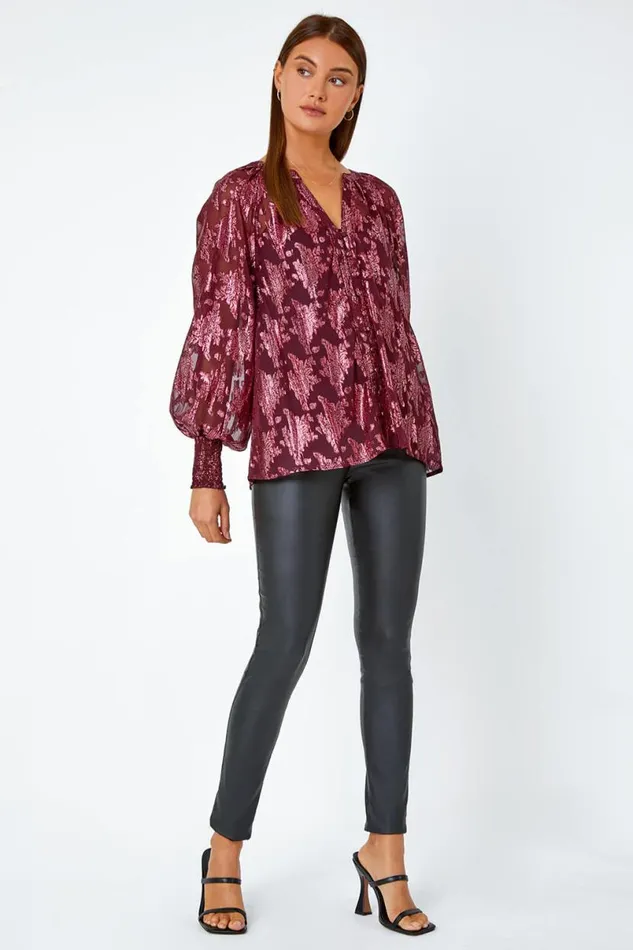 Wine Abstract Metallic Print VNeck Blouse Women Roman Tops