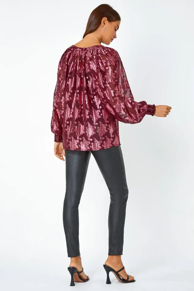 Wine Abstract Metallic Print VNeck Blouse Women Roman Tops