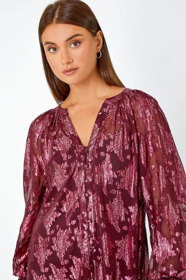 Wine Abstract Metallic Print VNeck Blouse Women Roman Tops