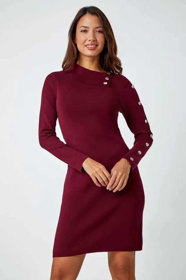 Wine Button Detail Roll Neck Jumper Dress Women Roman Dresses
