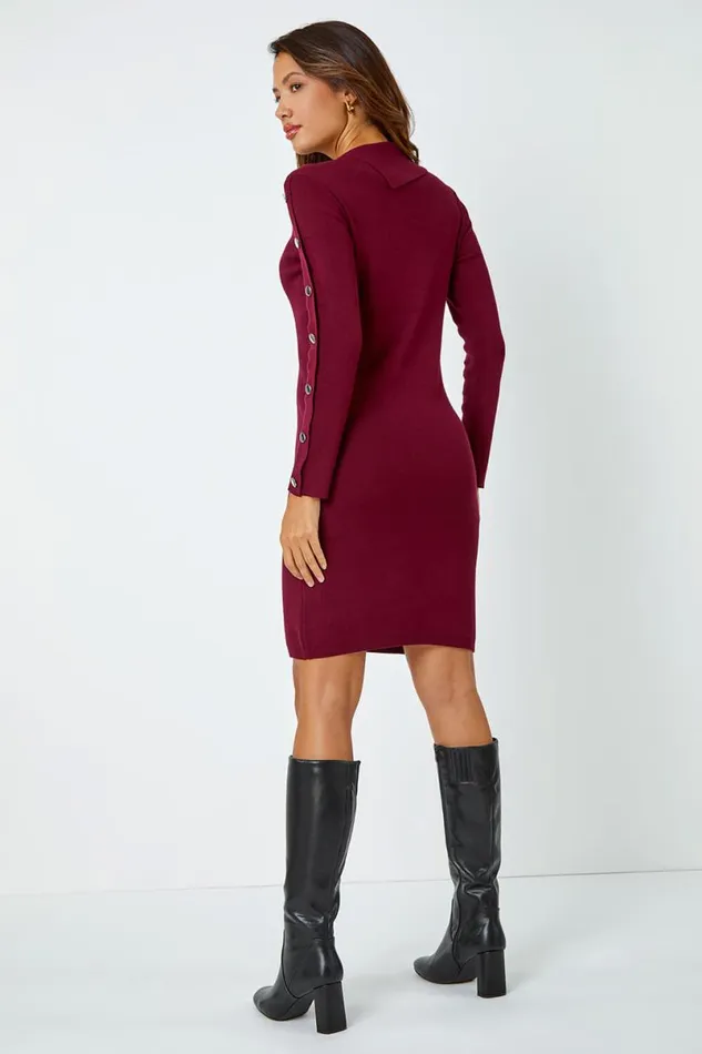 Wine Button Detail Roll Neck Jumper Dress Women Roman Dresses