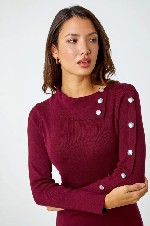 Wine Button Detail Roll Neck Jumper Dress Women Roman Dresses
