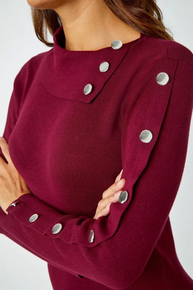 Wine Button Detail Roll Neck Jumper Dress Women Roman Dresses