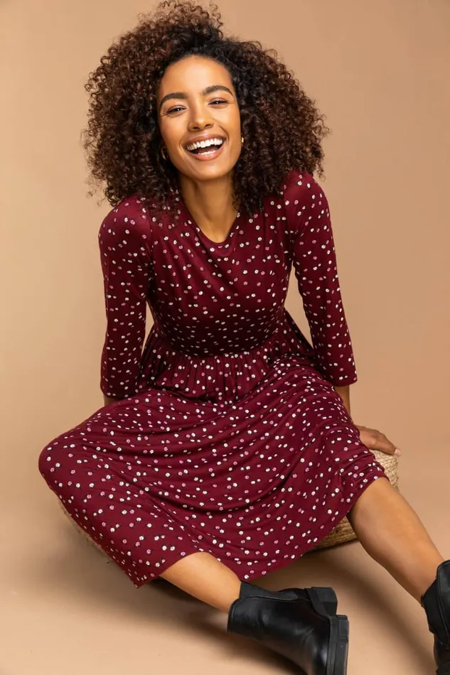 Wine Ditsy Floral Print Midi Dress Women Roman Dresses