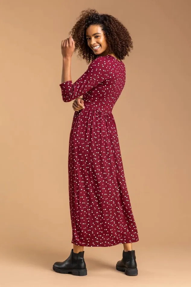Wine Ditsy Floral Print Midi Dress Women Roman Dresses