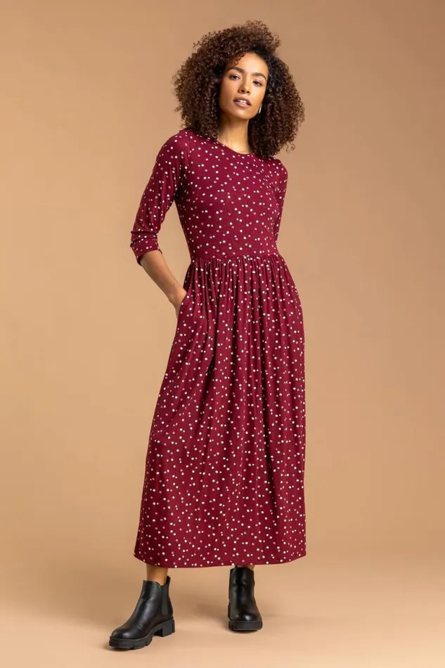 Wine Ditsy Floral Print Midi Dress Women Roman Dresses