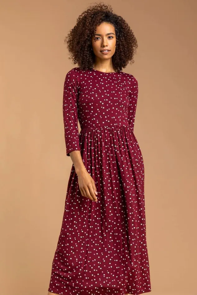 Wine Ditsy Floral Print Midi Dress Women Roman Dresses