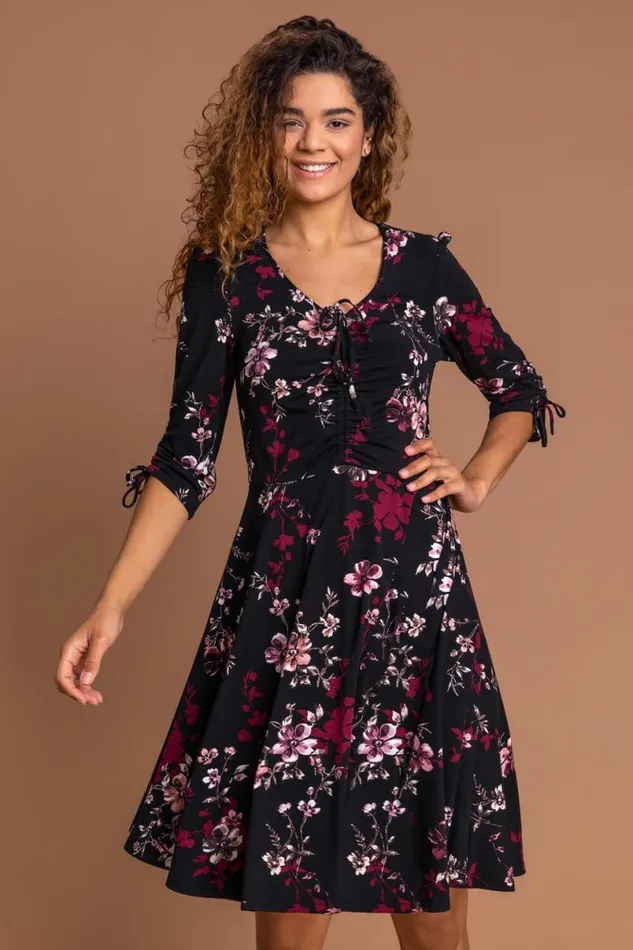 Wine Floral Print Gathered Dress Women Roman Dresses