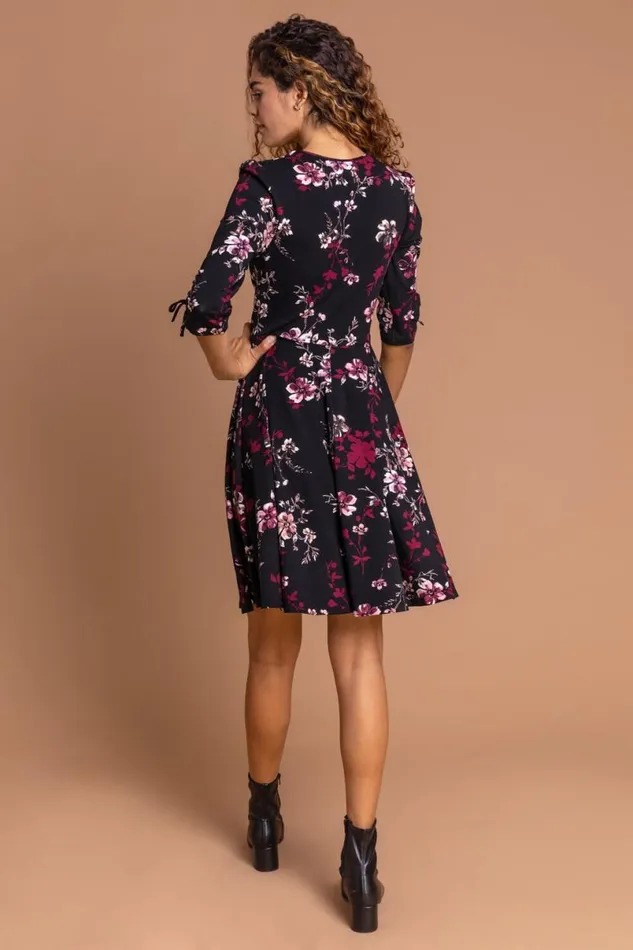 Wine Floral Print Gathered Dress Women Roman Dresses