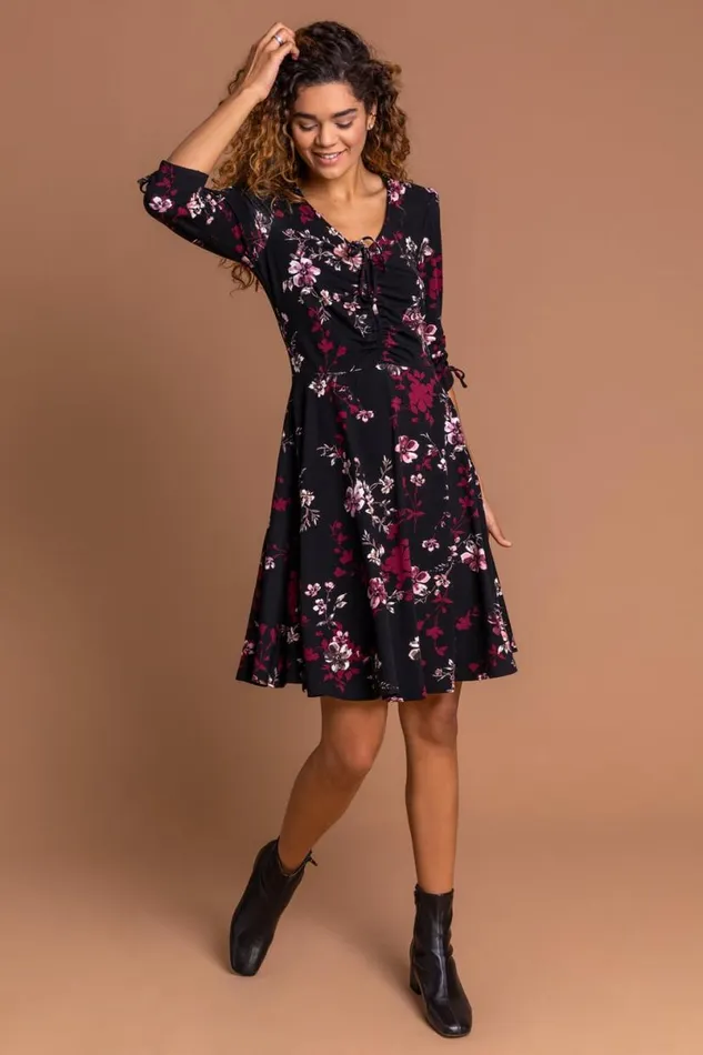 Wine Floral Print Gathered Dress Women Roman Dresses