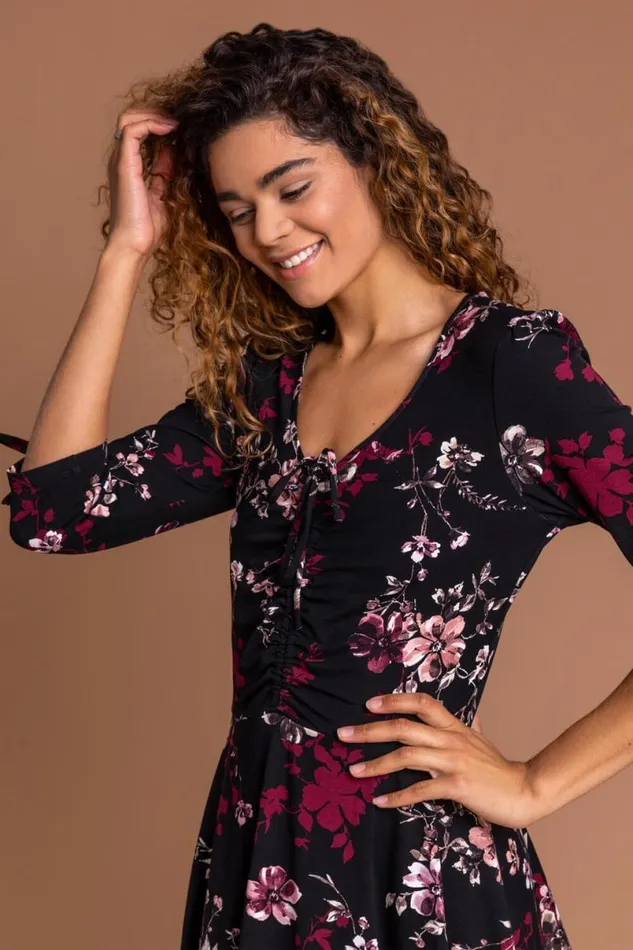 Wine Floral Print Gathered Dress Women Roman Dresses