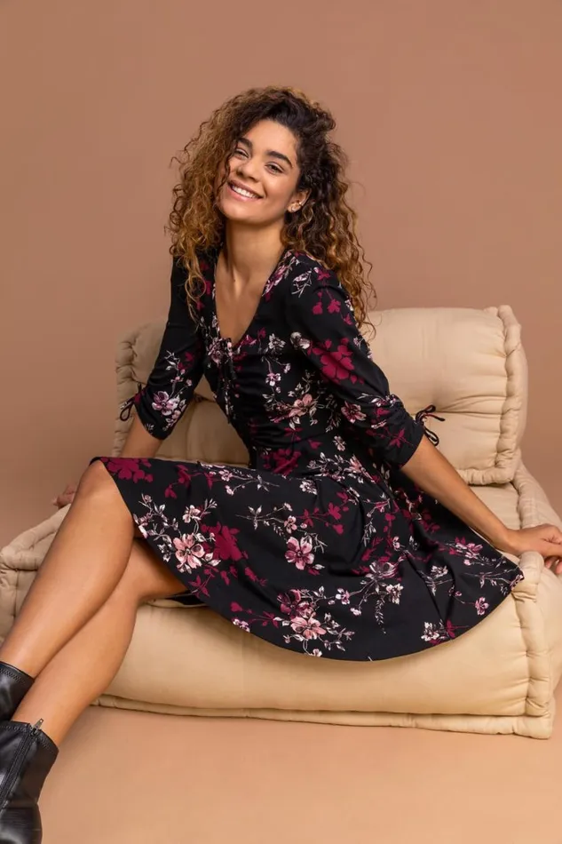Wine Floral Print Gathered Dress Women Roman Dresses