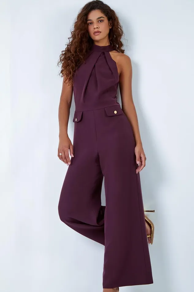 Wine Pleated Halter Neck Wide Leg Stretch Jumpsuit Women Roman Jumpsuits and Playsuits
