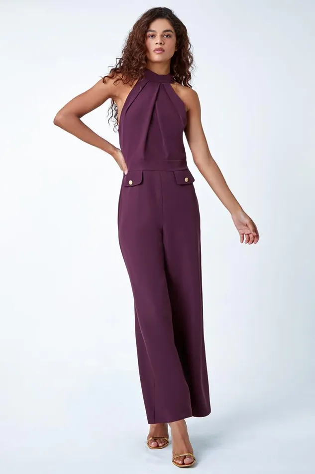 Wine Pleated Halter Neck Wide Leg Stretch Jumpsuit Women Roman Jumpsuits and Playsuits